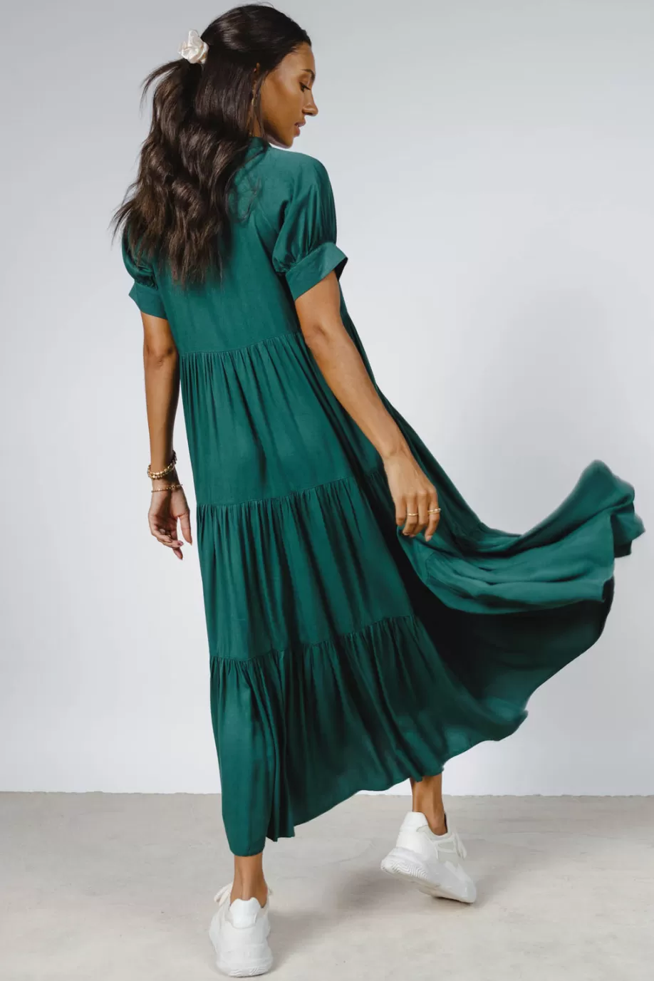 New Amanda Tiered Dress in Hunter Green MIDI DRESSES | DRESSES