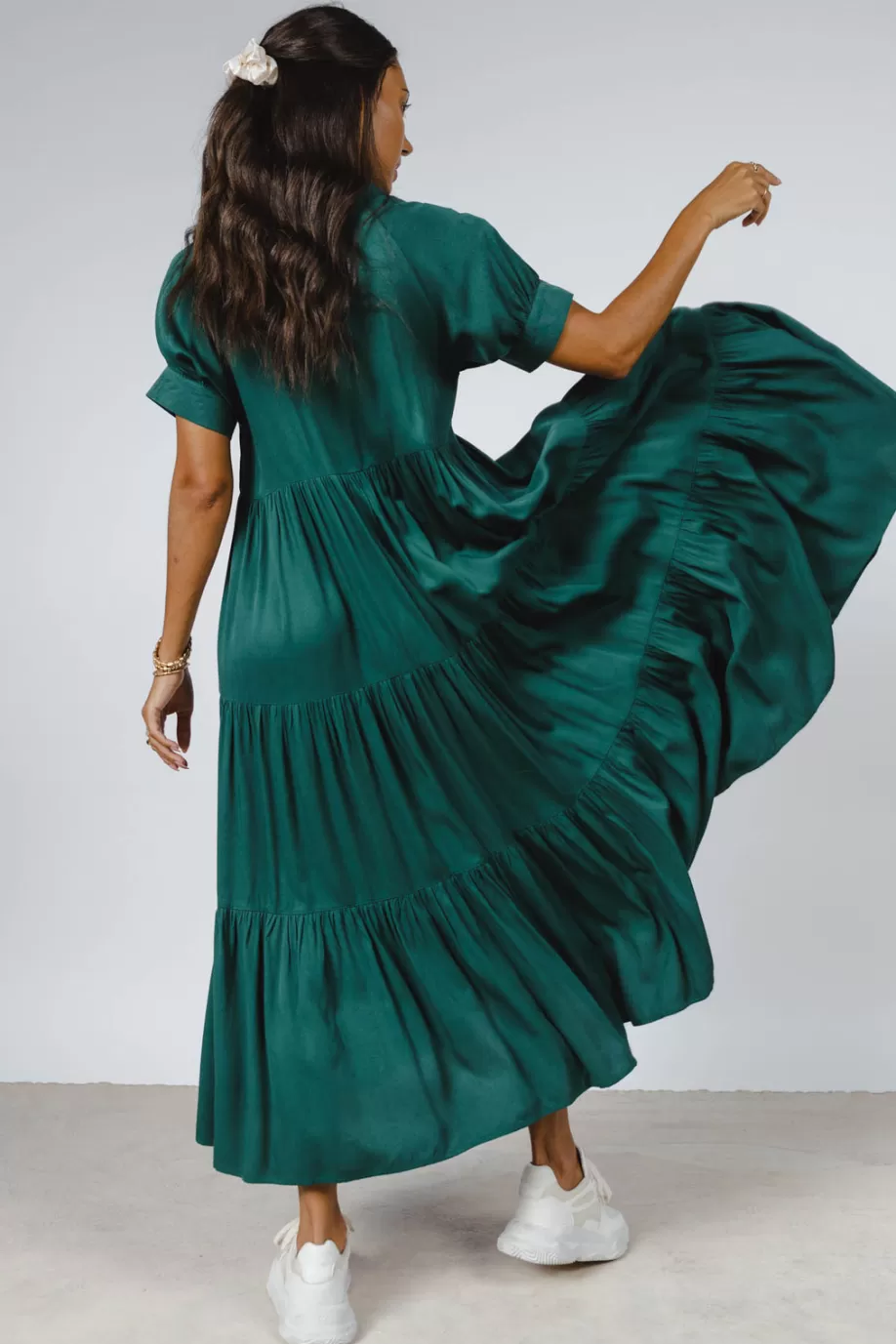 New Amanda Tiered Dress in Hunter Green MIDI DRESSES | DRESSES