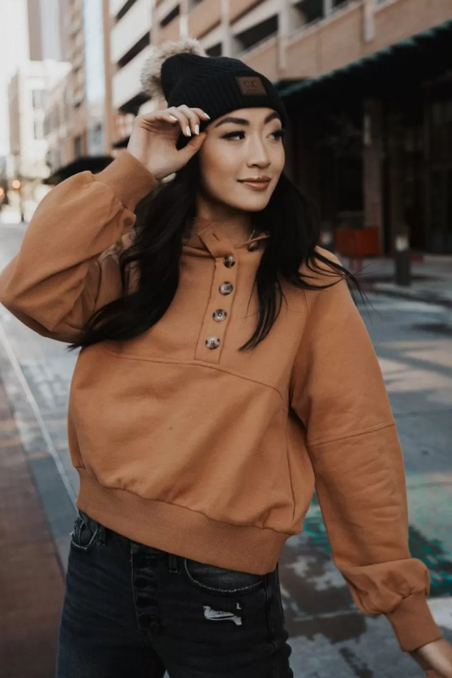 Store Button Front Cropped Hoodie in - FINAL SALE SWEATERS | SWEATERS