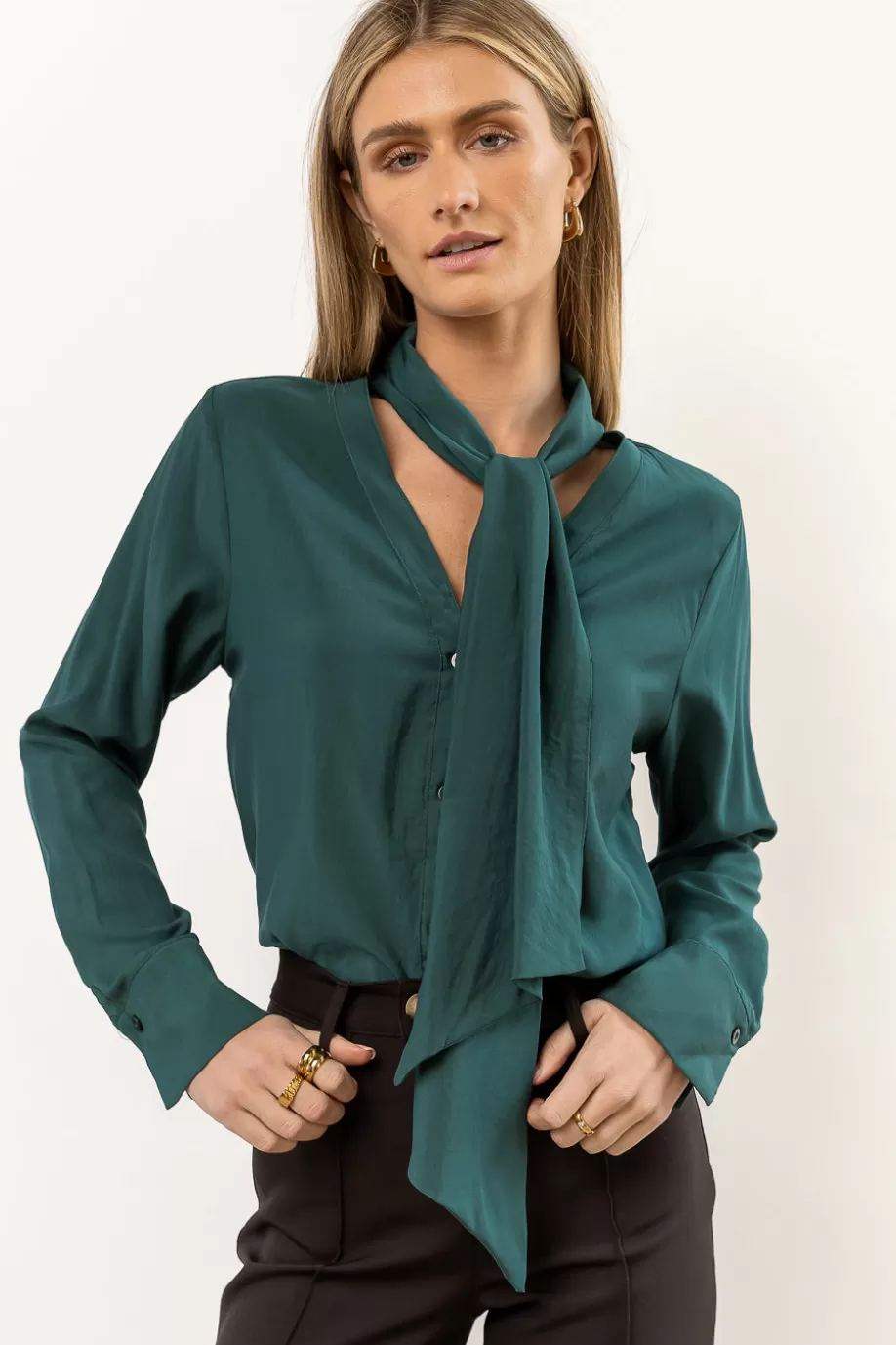 Fashion Kayla Tie Front Top in Hunter Green - FINAL SALE BLOUSES | BLOUSES