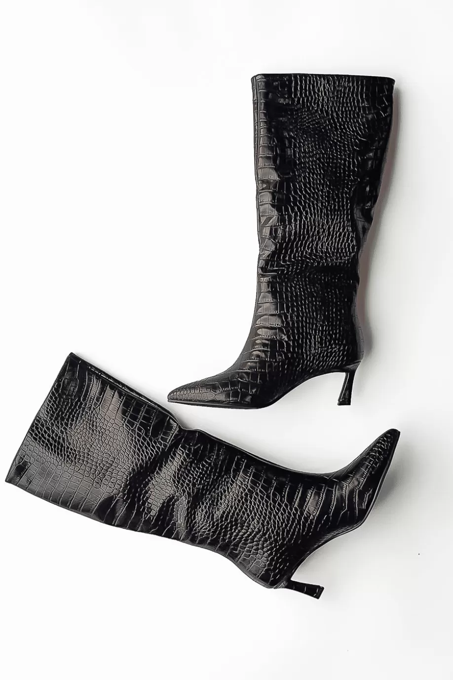 Shop Lavan Croc Kitten Heel Knee High Boots SHOES | SHOES