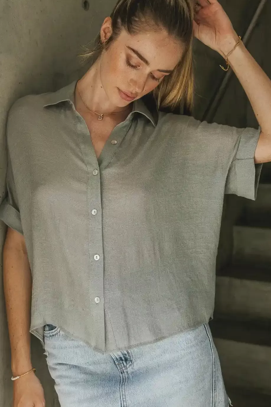 Store Nadia Button Up Top in Light Grey BUTTON DOWN | TOPS