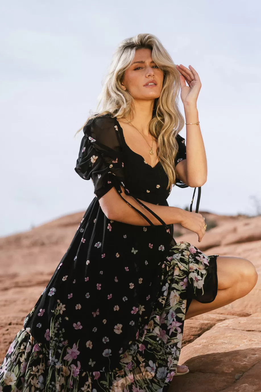 Flash Sale Ruched Sleeve Floral Dress in MIDI DRESSES | DRESSES