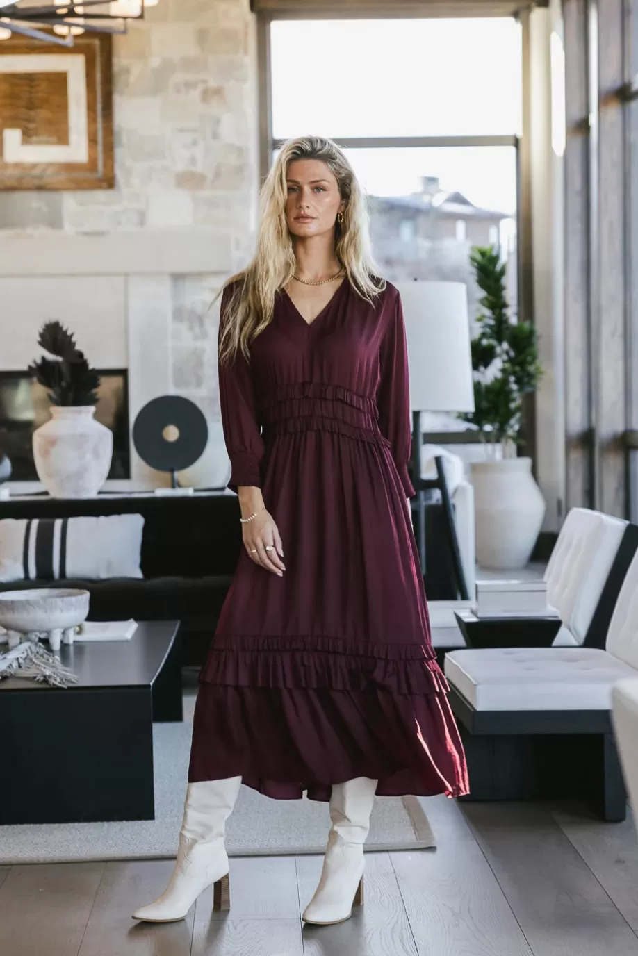 Cheap Willa Sleeved Ruffle Dress in MIDI DRESSES | DRESSES